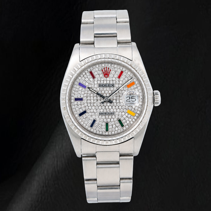 Rolex Datejust 16200 36mm Rainbow Paved Diamond Dial Stainless Steel Watch