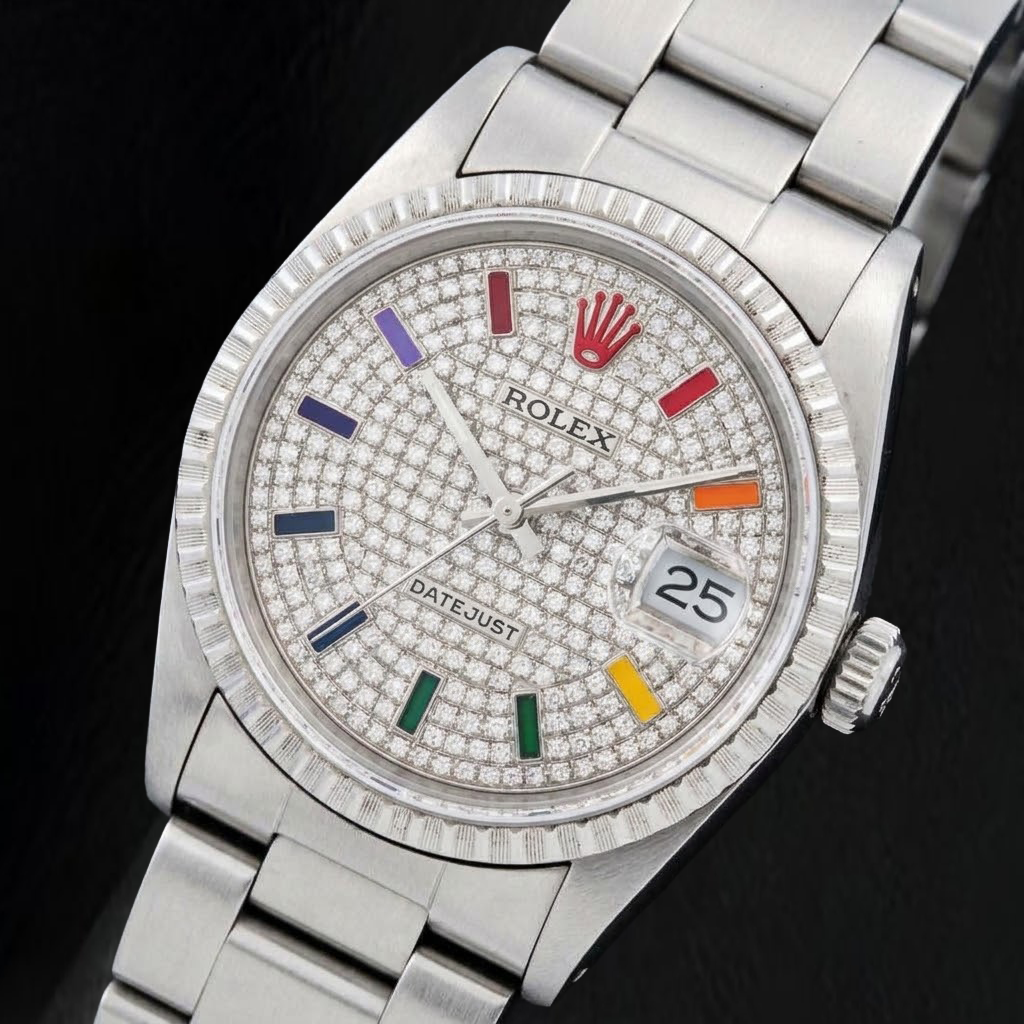 Rolex Datejust 16200 36mm Rainbow Paved Diamond Dial Stainless Steel Watch