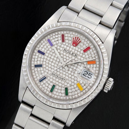 Rolex Datejust 16200 36mm Rainbow Paved Diamond Dial Stainless Steel Watch