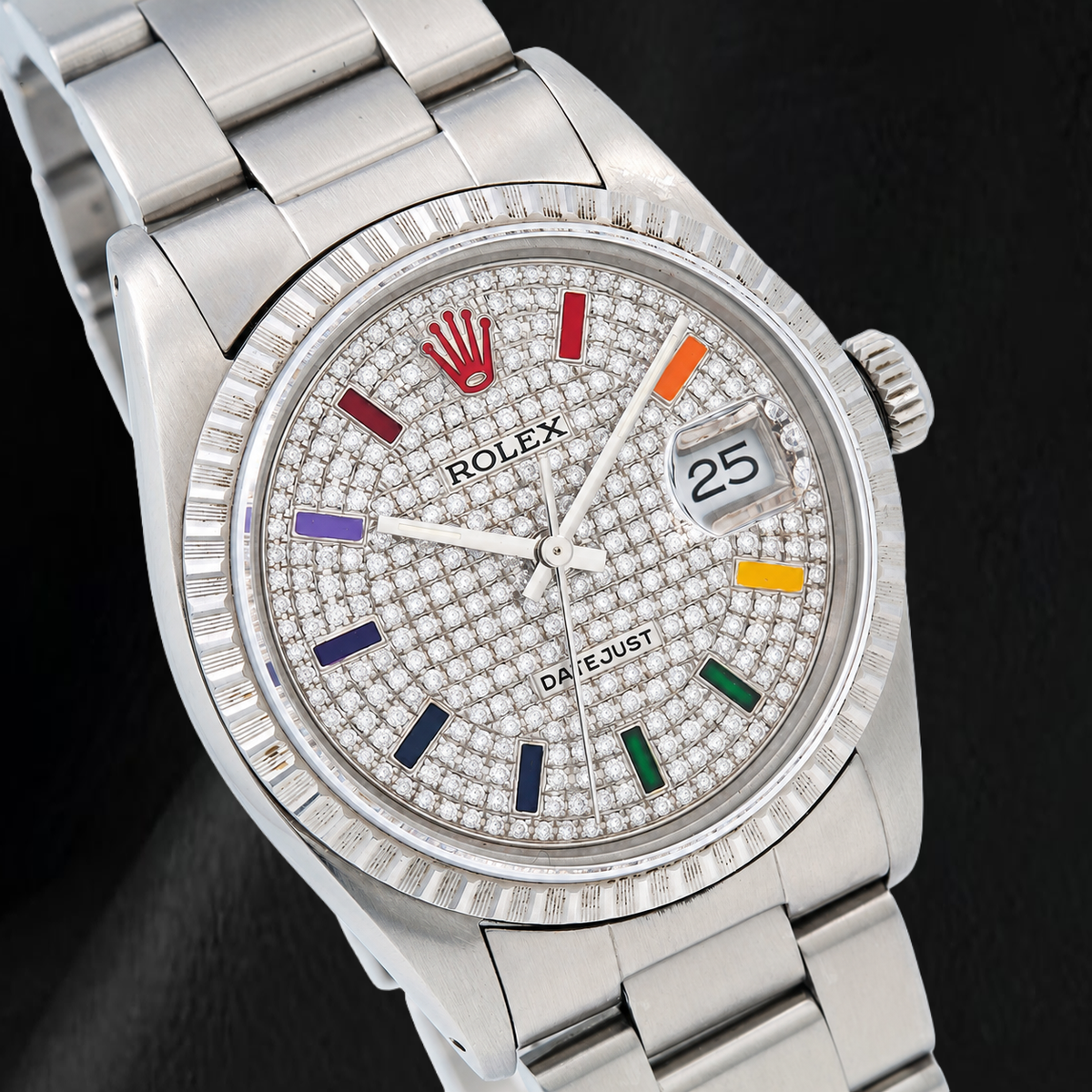 Rolex Datejust 16200 36mm Rainbow Paved Diamond Dial Stainless Steel Watch