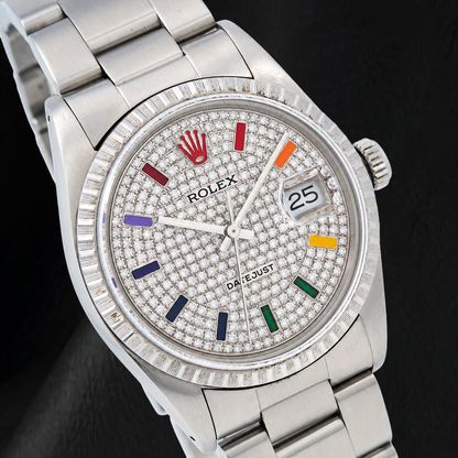 Rolex Datejust 16200 36mm Rainbow Paved Diamond Dial Stainless Steel Watch