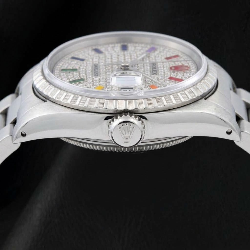 Rolex Datejust 16200 36mm Rainbow Paved Diamond Dial Stainless Steel Watch