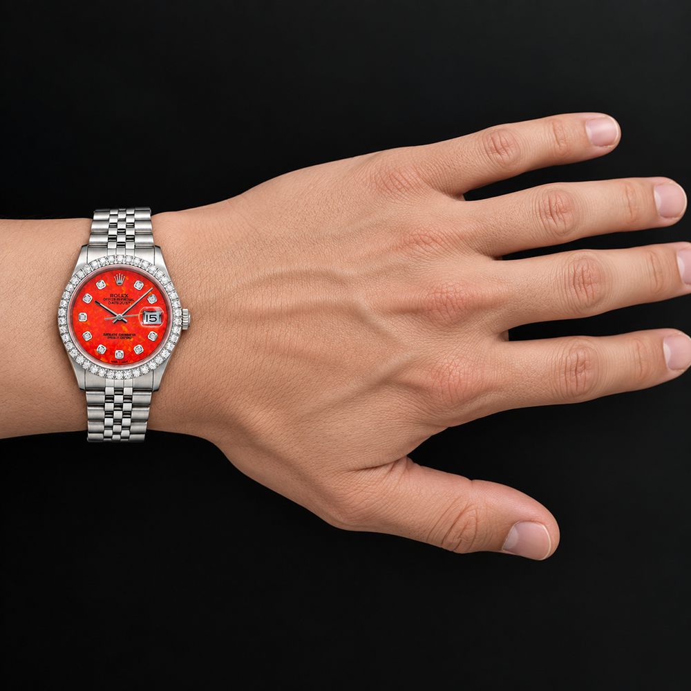 Rolex Datejust 16200 36mm Red Diamond Dial Stainless Steel Watch