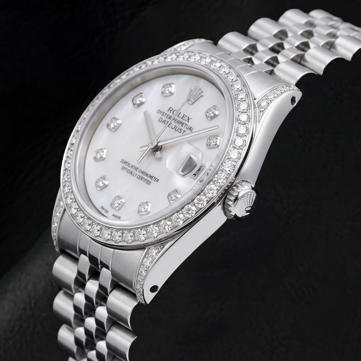 Rolex Datejust 16200  36mm White Mother of Pearl Diamond Dial Stainless Steel Watch 