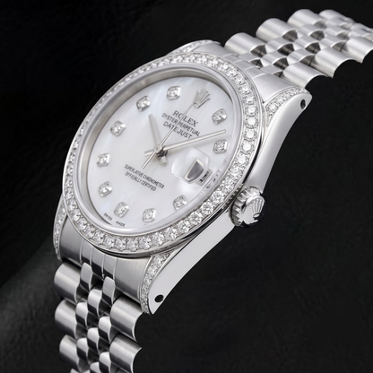 Rolex Datejust 16200  36mm White Mother of Pearl Diamond Dial Stainless Steel Watch 