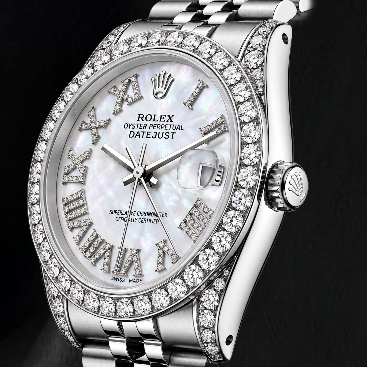 Rolex Datejust 16200 36mm White Mother of Pearl Roman Diamond Dial Stainless Steel Watch