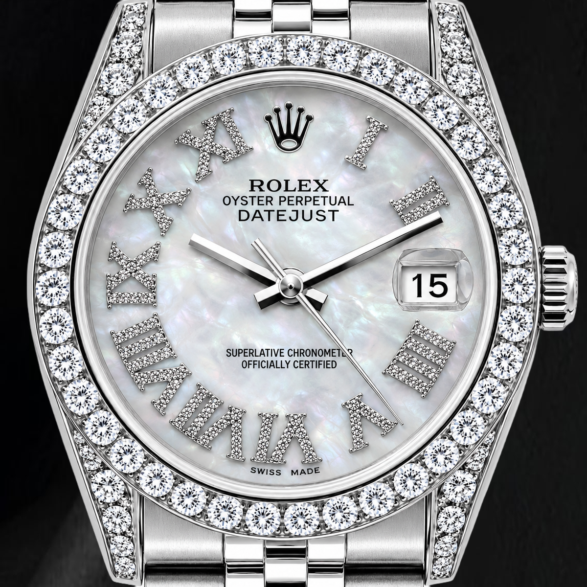 Rolex Datejust 16200 36mm White Mother of Pearl Roman Diamond Dial Stainless Steel Watch
