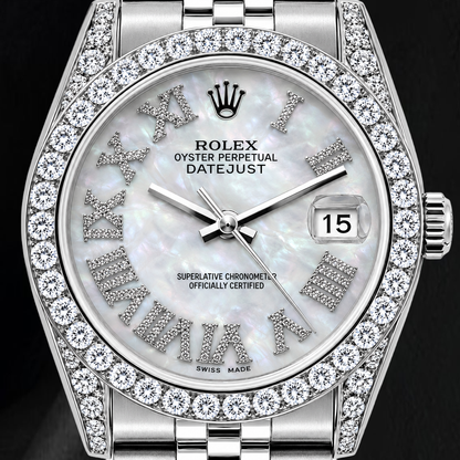 Rolex Datejust 16200 36mm White Mother of Pearl Roman Diamond Dial Stainless Steel Watch