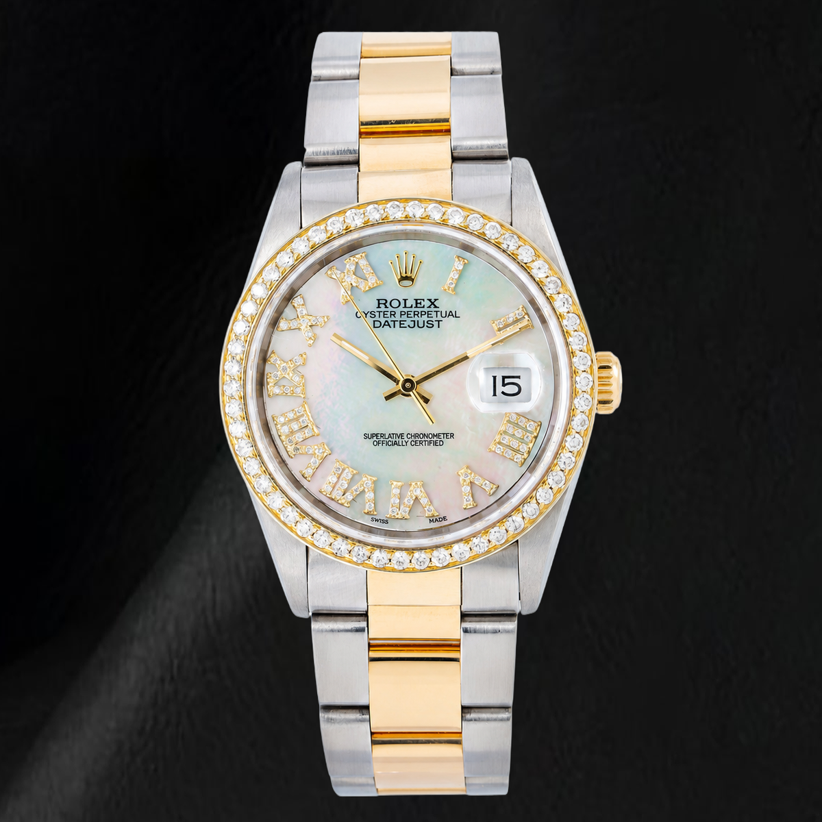 Rolex Datejust 16203 36mm White Mother Of Pearl Roman Diamond Dial Two Tone watch