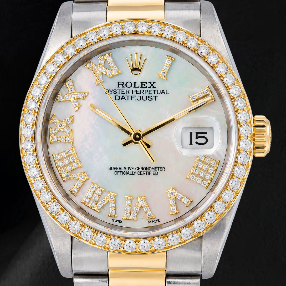 Rolex Datejust 16203 36mm White Mother Of Pearl Roman Diamond Dial Two Tone watch
