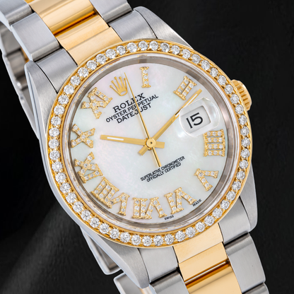 Rolex Datejust 16203 36mm White Mother Of Pearl Roman Diamond Dial Two Tone watch
