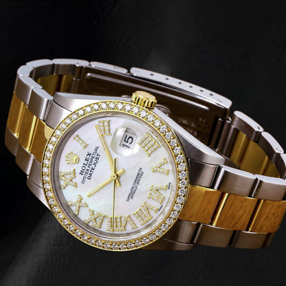 Rolex Datejust 16203 36mm White Mother Of Pearl Roman Diamond Dial Two Tone watch