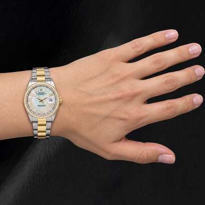 Rolex Datejust 16203 36mm White Mother Of Pearl Roman Diamond Dial Two Tone watch