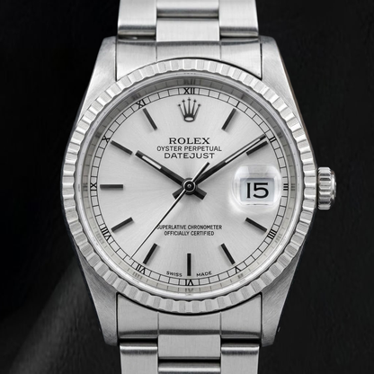 Rolex Datejust 16220 36mm Silver Stick Dial Stainless Steel Watch Oyster Bracelet