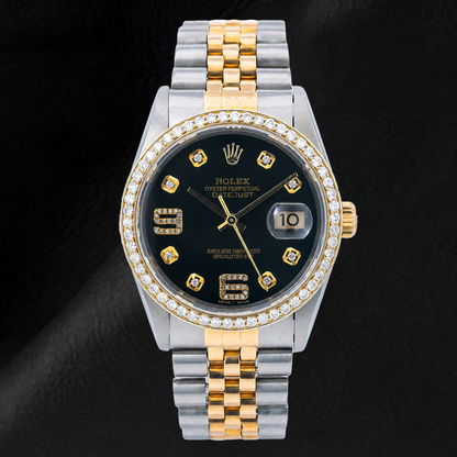 Rolex Datejust 16233 36mm Black Arabic Diamond Dial Two Tone Watch