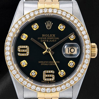 Rolex Datejust 16233 36mm Black Arabic Diamond Dial Two Tone Watch