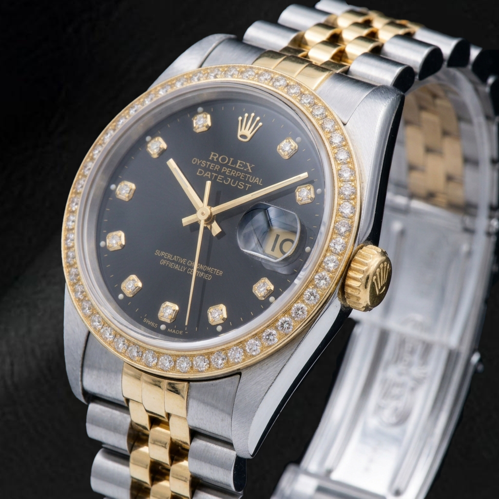 Rolex Datejust 16233 36mm Black Arabic Diamond Dial Two Tone Watch