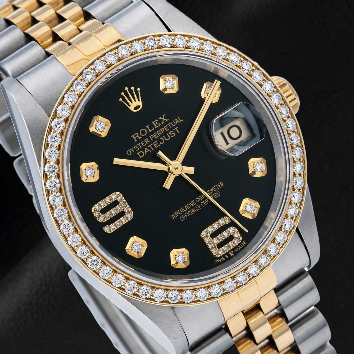 Rolex Datejust 16233 36mm Black Arabic Diamond Dial Two Tone Watch