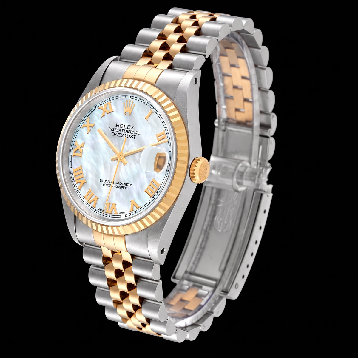 Rolex Datejust 16233 36mm Blue Mother of Pearl Roman Dial Two Tone Watch