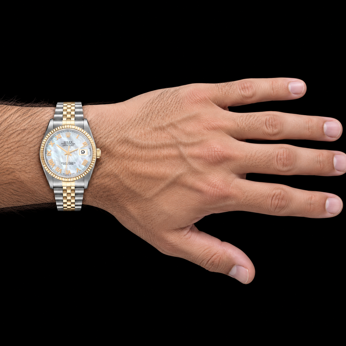 Rolex Datejust 16233 36mm Blue Mother of Pearl Roman Dial Two Tone Watch