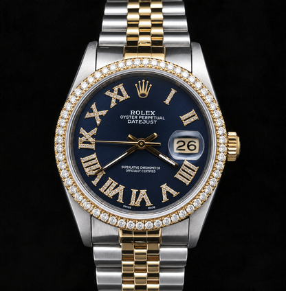 Rolex Datejust 16233 36mm Blue Roman Diamond Dial Two Tone Watch