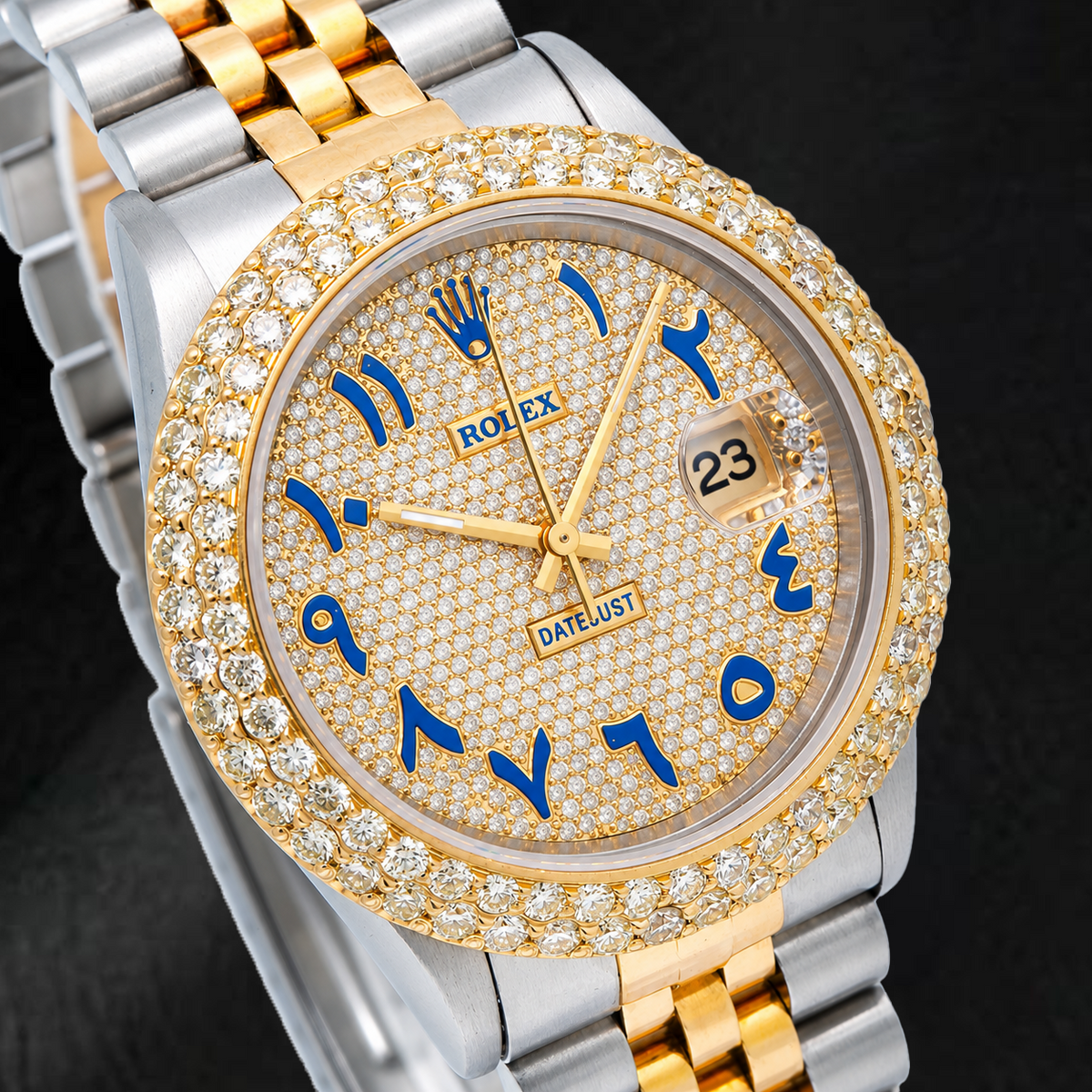 Rolex Datejust 16233 36mm Diamond Paved Blue Eastern Arabic Dial Two Tone Watch