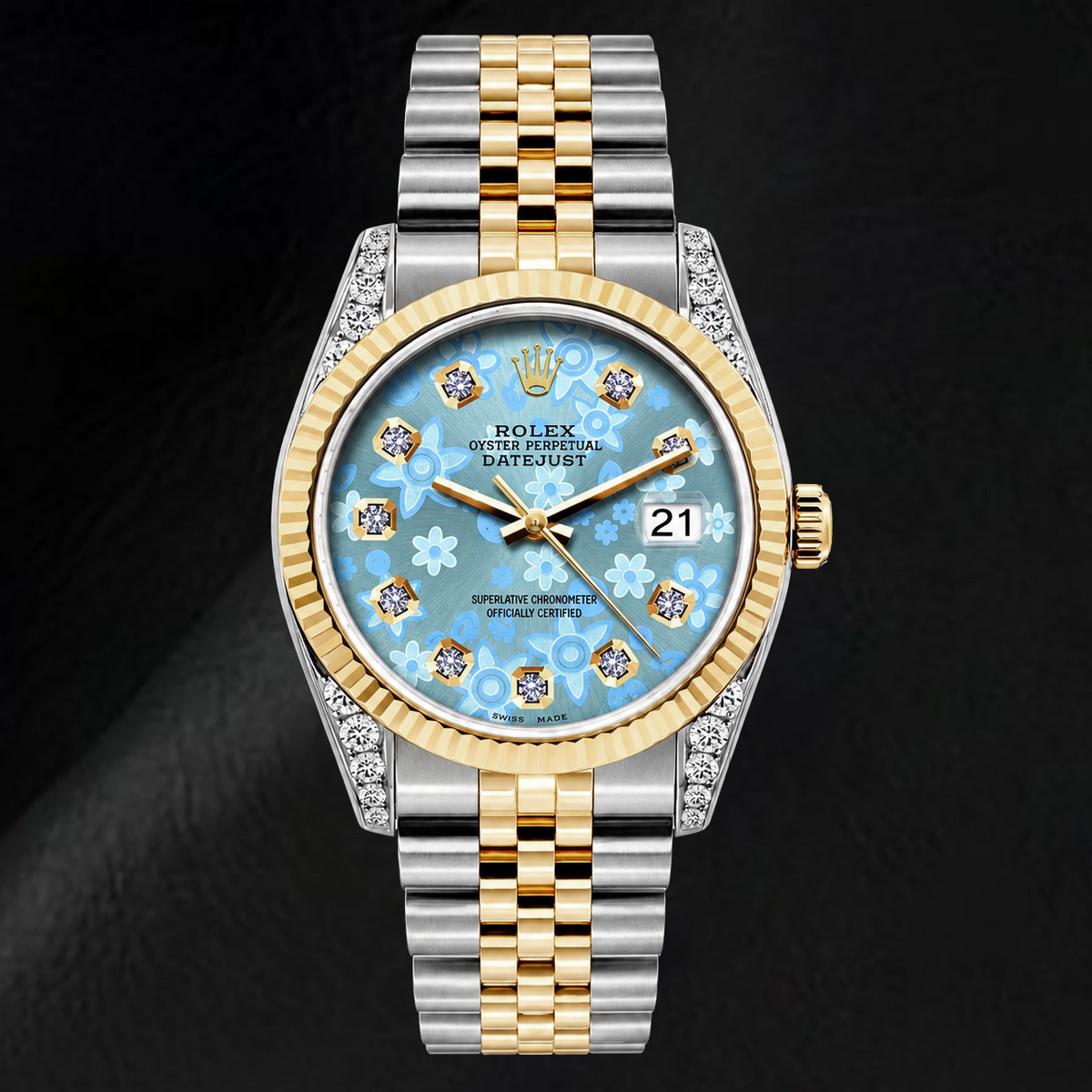 Rolex Datejust 16233 36mm Ice Blue Floral Diamond Dial Two Tone Watch