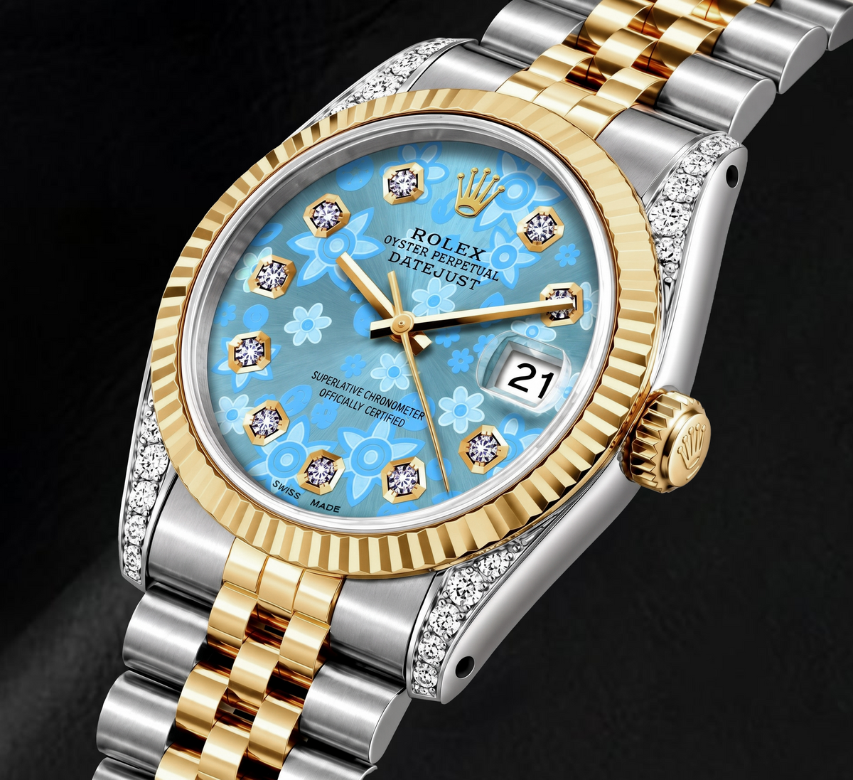 Rolex Datejust 16233 36mm Ice Blue Floral Diamond Dial Two Tone Watch