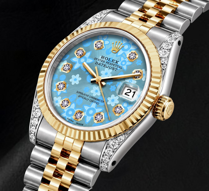 Rolex Datejust 16233 36mm Ice Blue Floral Diamond Dial Two Tone Watch