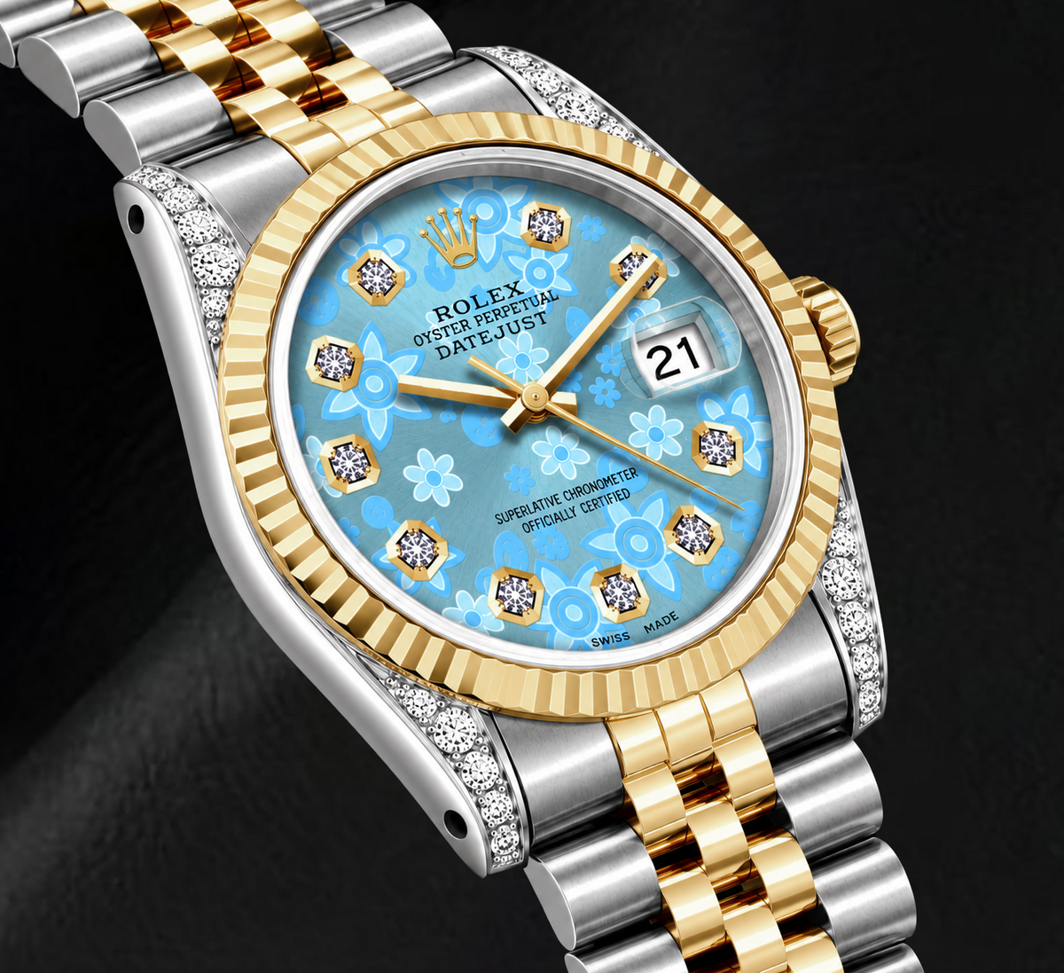 Rolex Datejust 16233 36mm Ice Blue Floral Diamond Dial Two Tone Watch