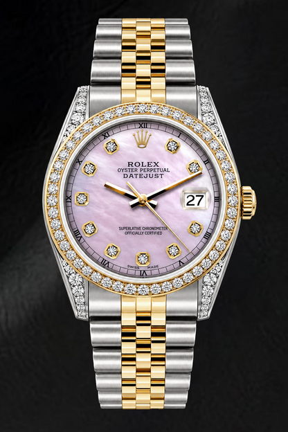 Rolex Datejust 16233 36mm Pink Mother of Pearl Diamond Dial Two Tone Watch