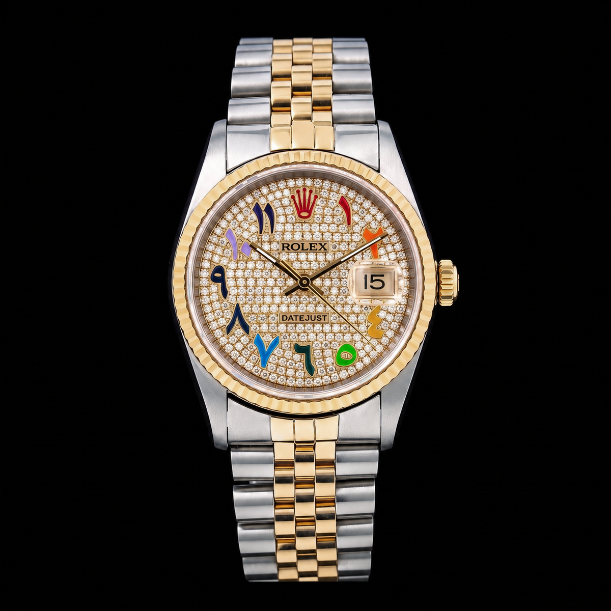 Rolex Datejust 16233 36mm Rainbow Eastern Arabic Diamond Dial Two Tone Watch