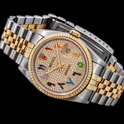 Rolex Datejust 16233 36mm Rainbow Eastern Arabic Diamond Dial Two Tone Watch