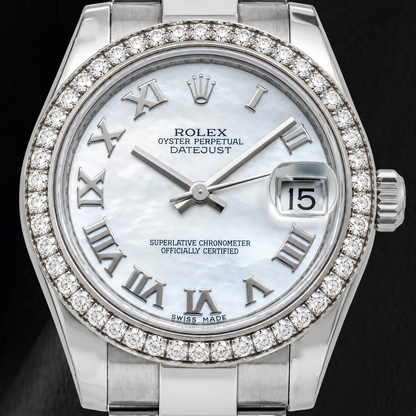 Rolex Datejust 178240 31mm White Mother Of Roman Dial Diamond Bezel Stainless Steel Watch