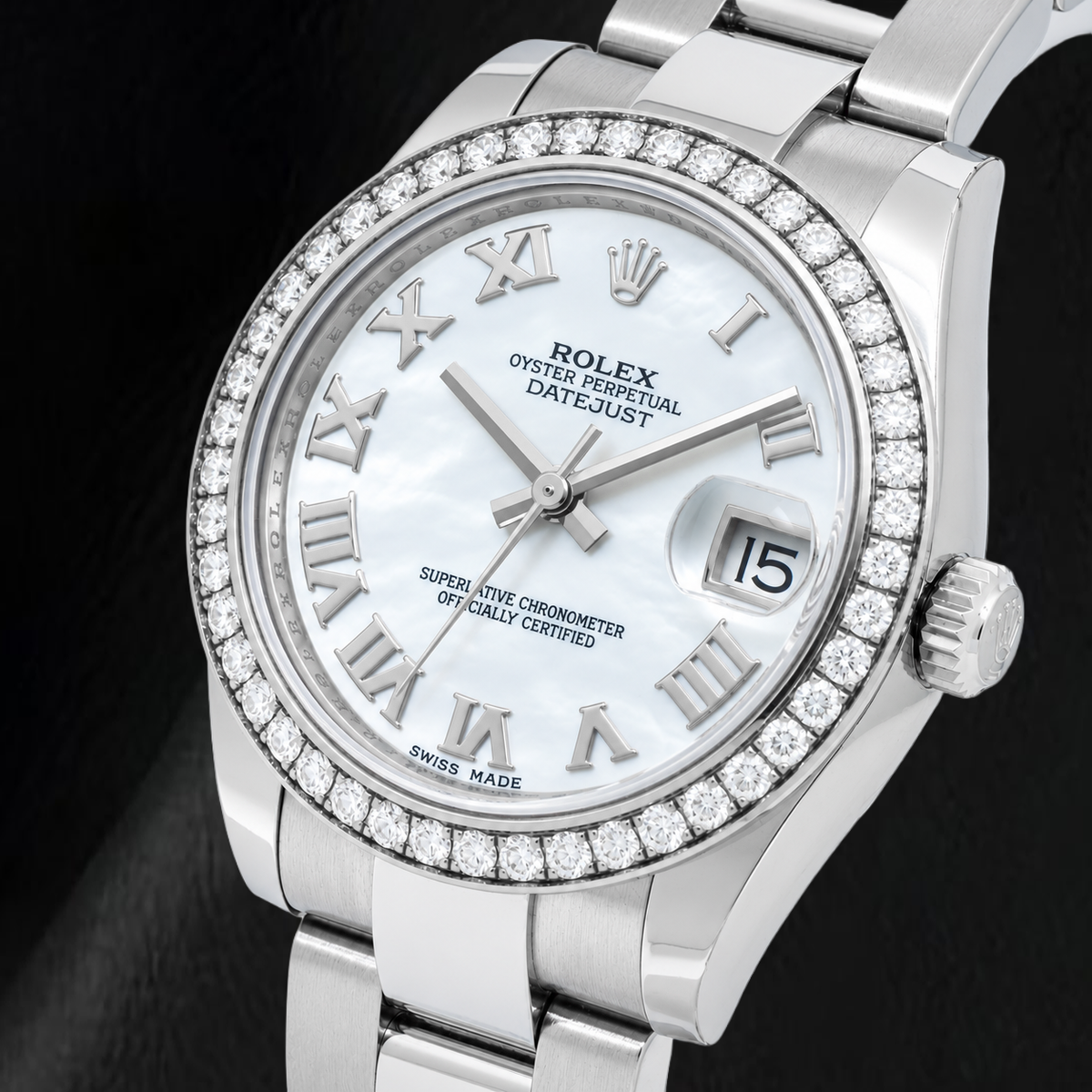 Rolex Datejust 178240 31mm White Mother Of Roman Dial Diamond Bezel Stainless Steel Watch