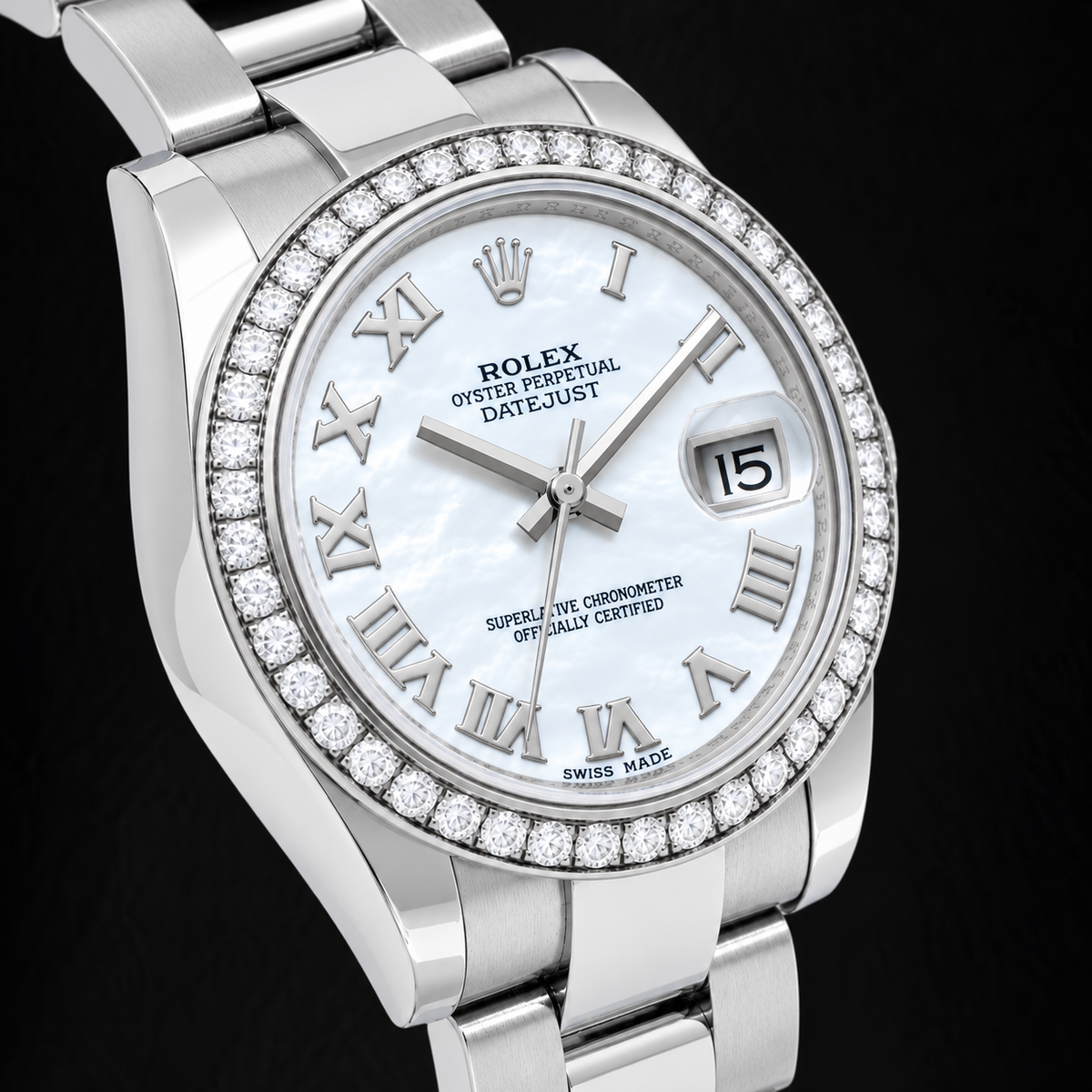 Rolex Datejust 178240 31mm White Mother Of Roman Dial Diamond Bezel Stainless Steel Watch