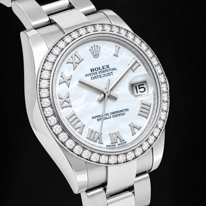 Rolex Datejust 178240 31mm White Mother Of Roman Dial Diamond Bezel Stainless Steel Watch