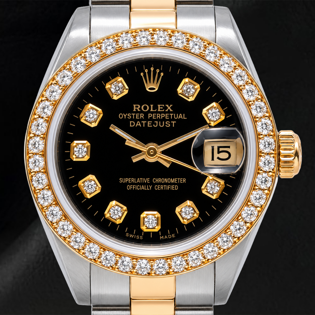 Rolex Datejust 26mm 69173 Black Diamond Dial Two Tone Oyster Bracelet Watch