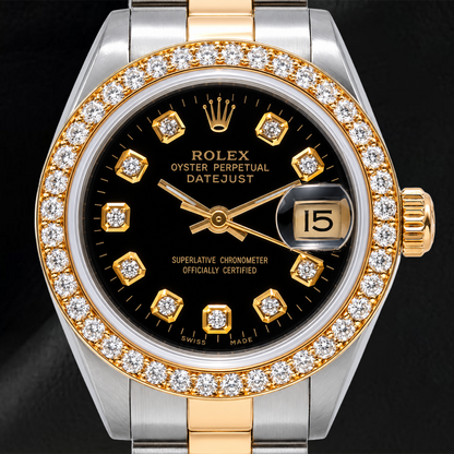 Rolex Datejust 26mm 69173 Black Diamond Dial Two Tone Oyster Bracelet Watch