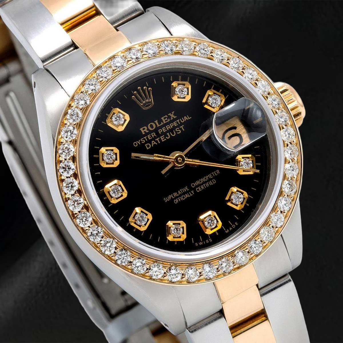 Rolex Datejust 26mm 69173 Black Diamond Dial Two Tone Oyster Bracelet Watch