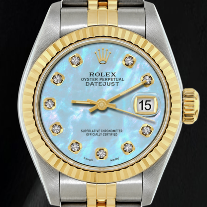 Rolex Datejust 26mm 69173 Blue Mother of Pearl Diamond Dial Two Tone Watch