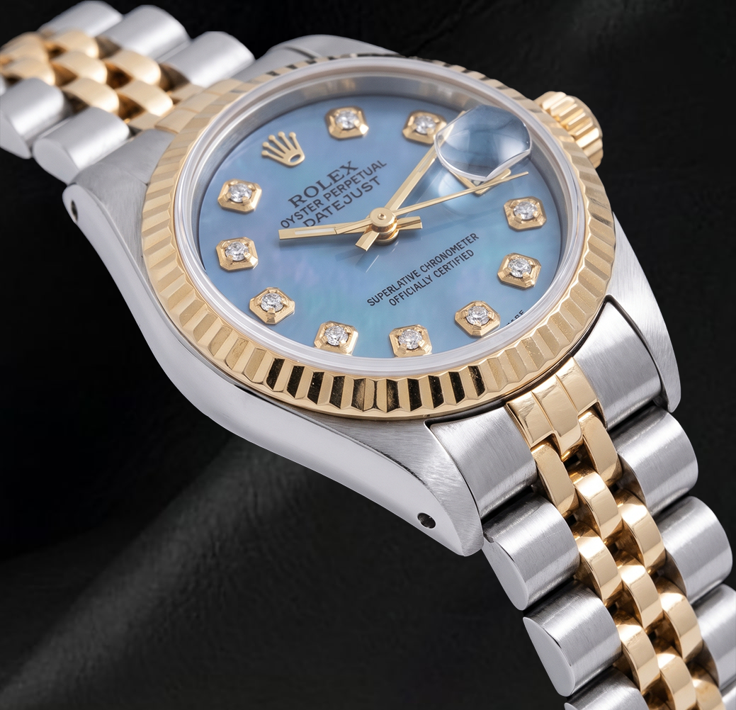 Rolex Datejust 26mm 6917 Blue Mother of Pearl Diamond Dial Two Tone Watch