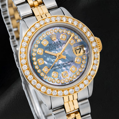 Rolex Datejust 26mm Blue Mother of Pearl String Diamond Dial Two Tone Jubilee Bracelet Watch