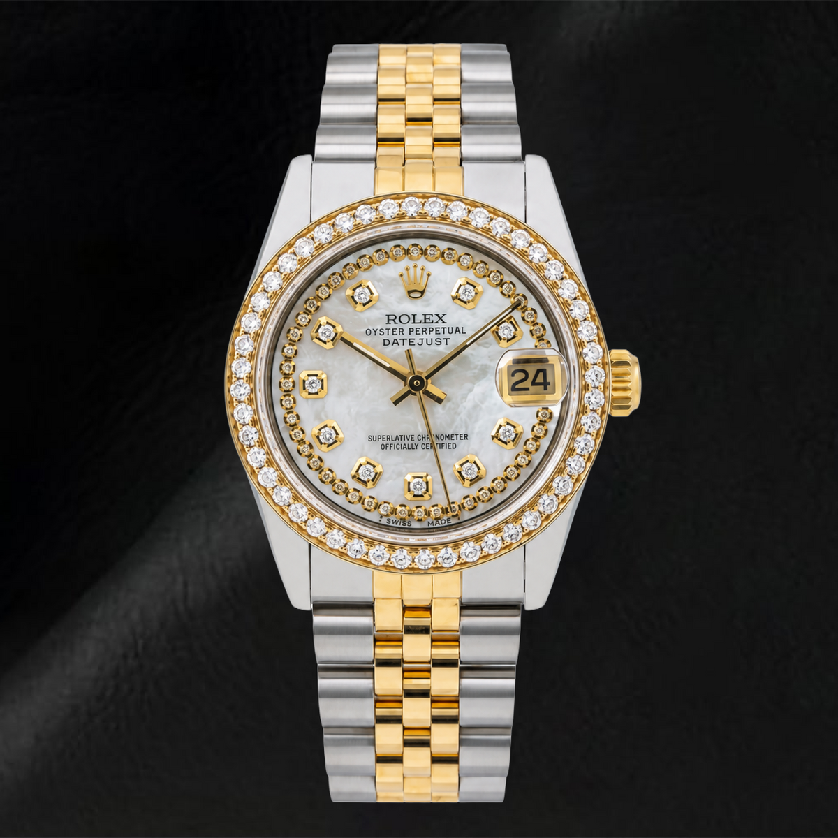 Rolex Datejust 31MM 6824 White Mother of Pearl String Diamond Dial Two Tone Jubilee Bracelet