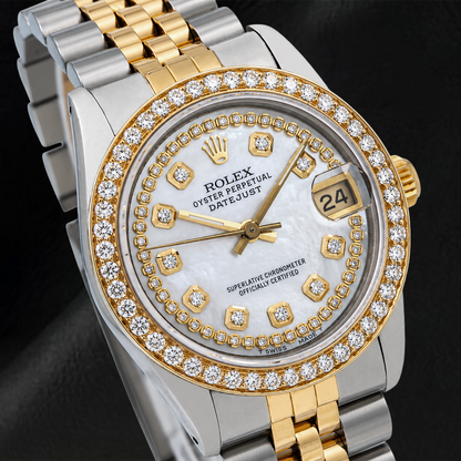 Rolex Datejust 31MM 6824 White Mother of Pearl String Diamond Dial Two Tone Jubilee Bracelet