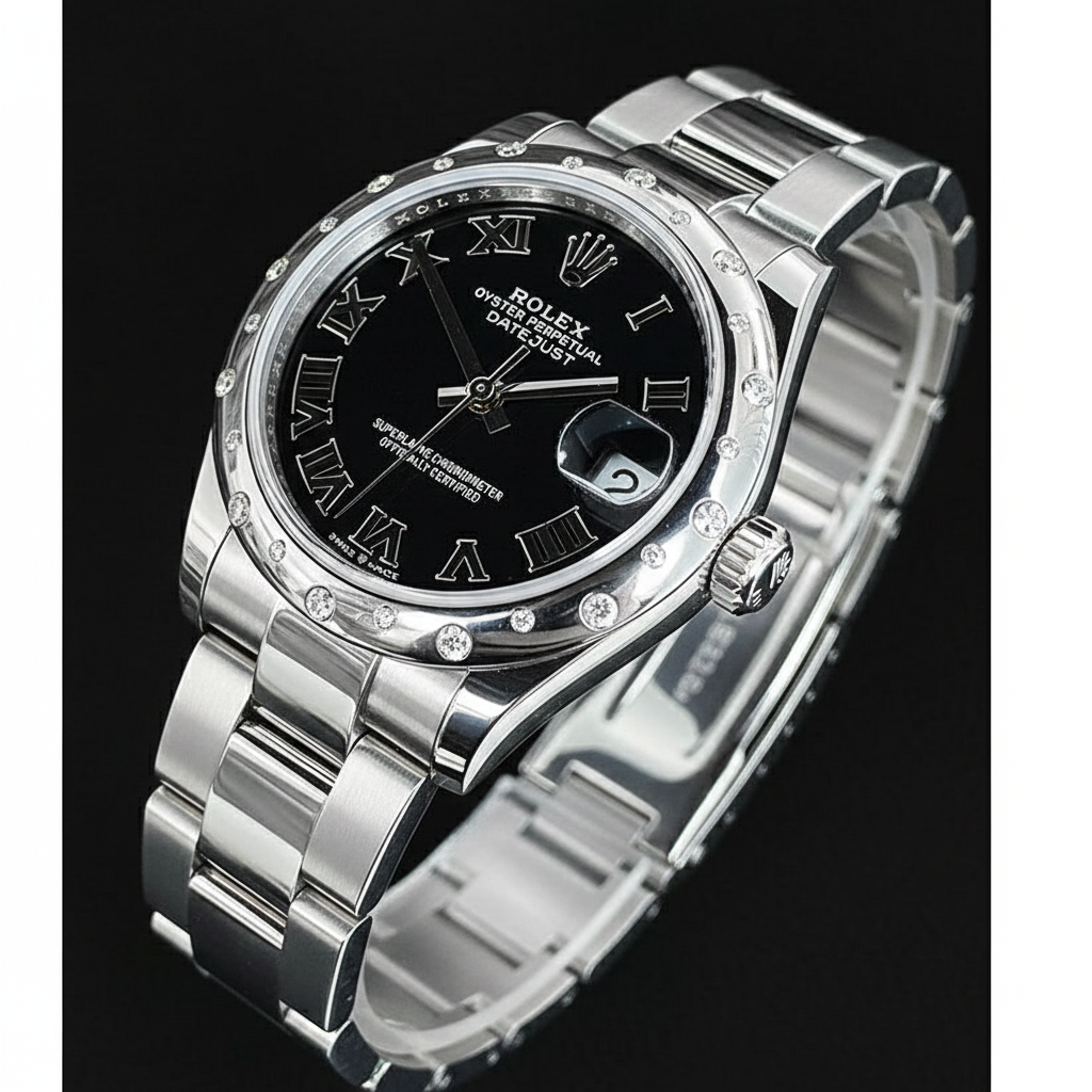 Rolex Datejust 31mm Black Roman Diamond Stainless Steel Women's Watch