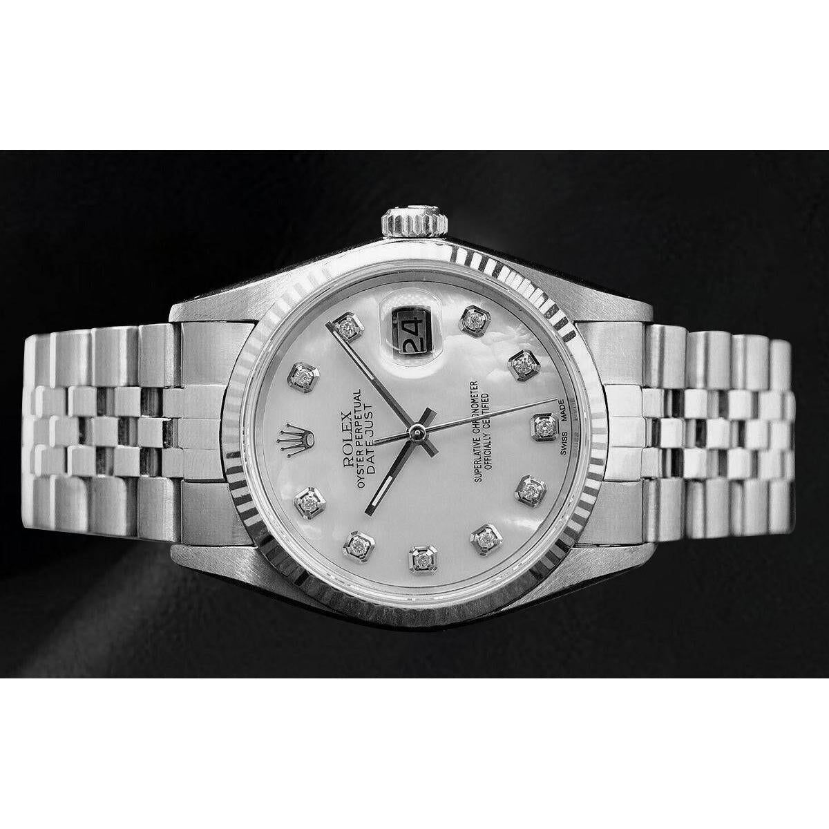 Rolex Datejust 36 mm White Mother Of Pearl Diamond Dial Stainless Steel Watch