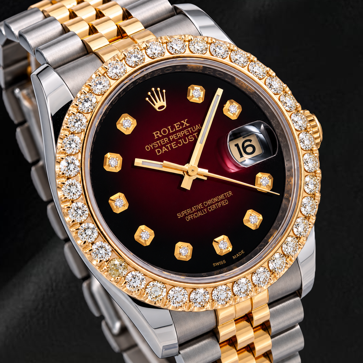 Rolex Datejust 36mm 116233 Red Diamond Dial Diamond Bezel Two Tone Watch