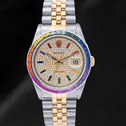 Rolex Datejust 36mm 16013  Diamond Paved Rainbow Hour Dial Two Tone Watch