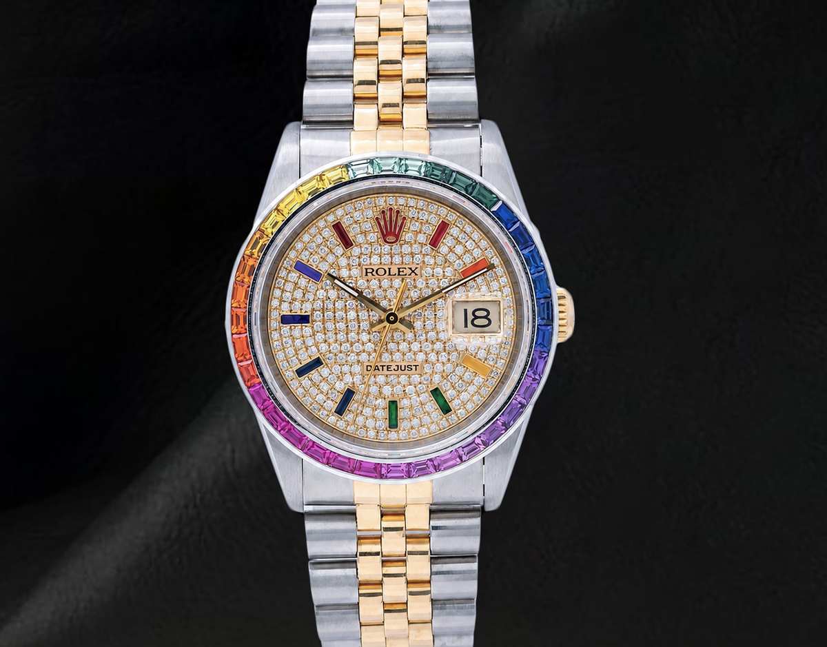 Rolex Datejust 36mm 16013  Diamond Paved Rainbow Hour Dial Two Tone Watch